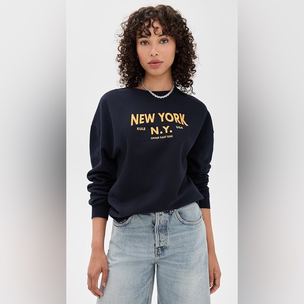 KULE Women's Oversized Navy Sweatshirt with Yellow New York Print sz XS - Picture 2 of 2